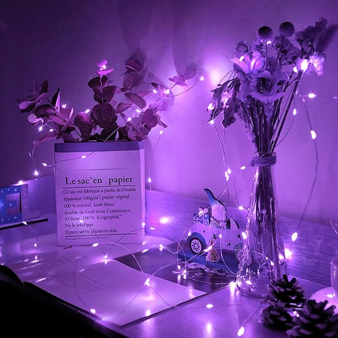 100 Pack Purple Fairy Lights 7Ft 20 LED Twinkle String Lights 3 Modes Battery Operated Waterproof Firefly Starry for Mason Jar Wedding Halloween Christmas Valentines Day Party Table Centerpieces