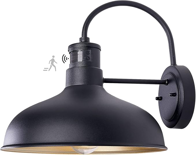 12in Exterior Barn Light Motion Sensor Black Outdoor Gooseneck Lighting Wall Mount Dusk to Dawn Farmhouse Style Outside Porch Light Fixture Outdoor Garage Barn Door Light for House