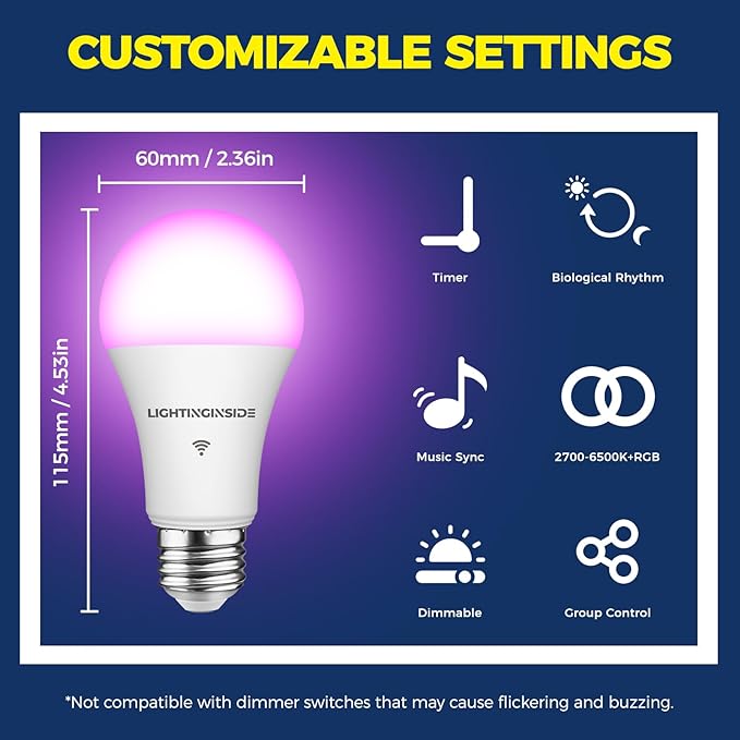 Lightinginside Smart Light Bulbs 100W Equivalent, Works with Alexa/Google Home/SmartLife, 1350LM 11W RGBCW Color Changing LED Light Bulbs, 2.4G WiFi Bluetooth Bulb, No Hub Required, ETL Listed, 2PCS