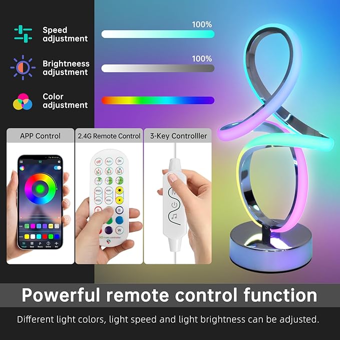 Modern RGB Table Lamps, Multicolor Changing Spiral Bedside Lamp with Remote&APP, Cool Table Lamp, Dimmable LED Nightstand Lamp with Music Rhythm Modes for Bedroom, Living Room, Black(2 Pack)