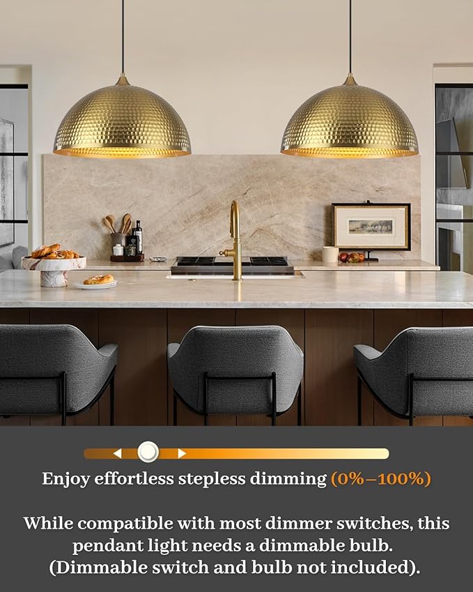 Gold Pendant Light 16 inch, Hammered Large Dome Pendant Light, Industrial Farmhouse Pendant Lights Kitchen Island, Gold Island Pendant Lights for Kitchen, Dining Room Living Room 1 Pack