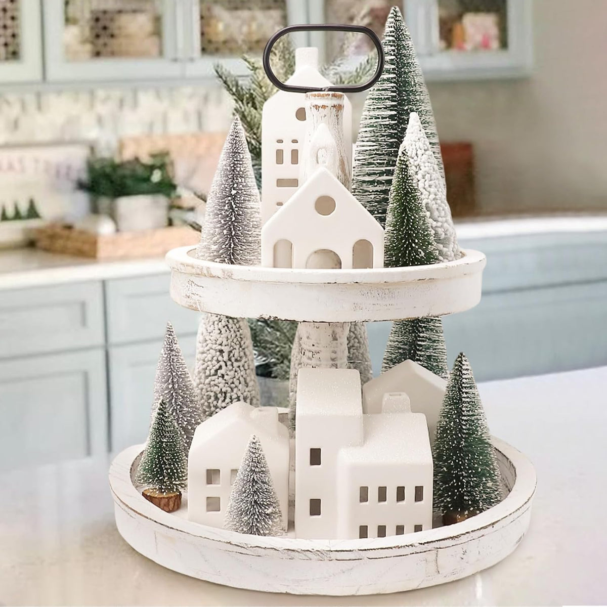 Regine Switzerland Christmas Village Set - 5 Lighted Ceramic Houses with Remote Control & 9 Trees | Rustic Indoor Holiday Decor
