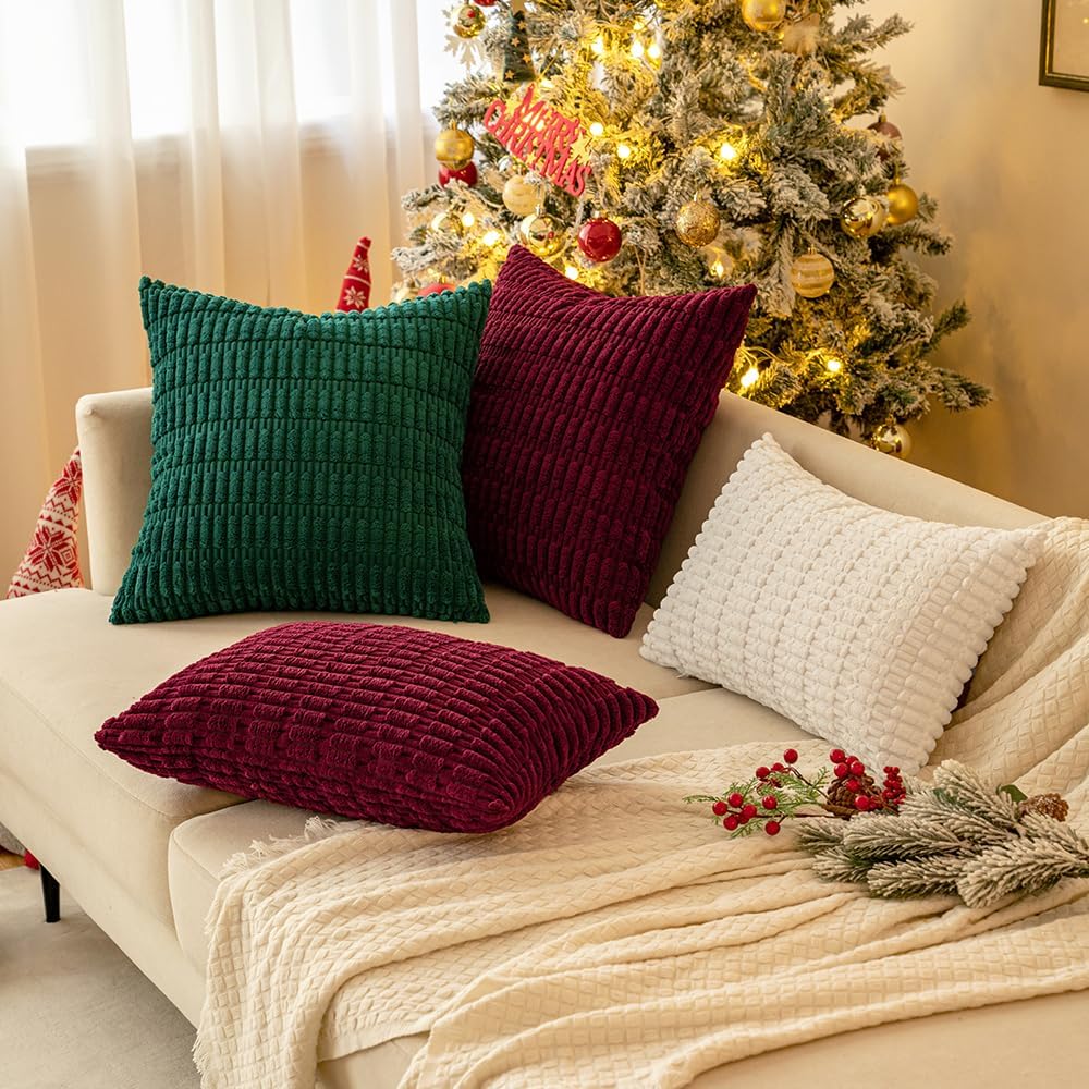 MIULEE Corduroy Throw Pillow Covers - Soft Boho Striped Design | 18x18 Inch Pure White for Modern Home Decor