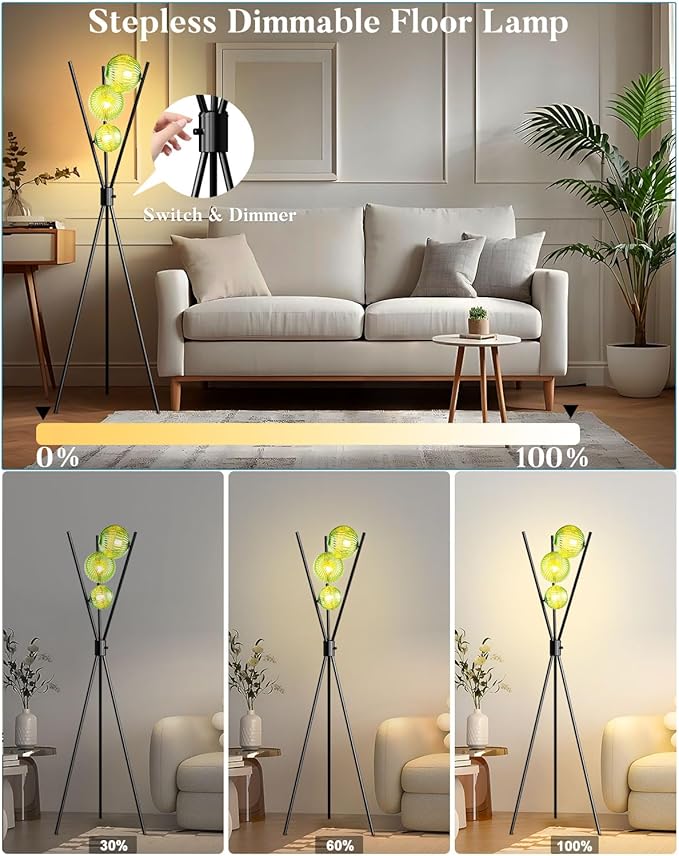 Lightdot Dimmable Black Tripod Floor Lamp, Mid Century Standing Lamps with 3 Globe Green Glass Lampshade& Bulb Included, 3000K Bulbs Included Modern Tall Lamp for Living Room/Sofa Beside/Corner Decor