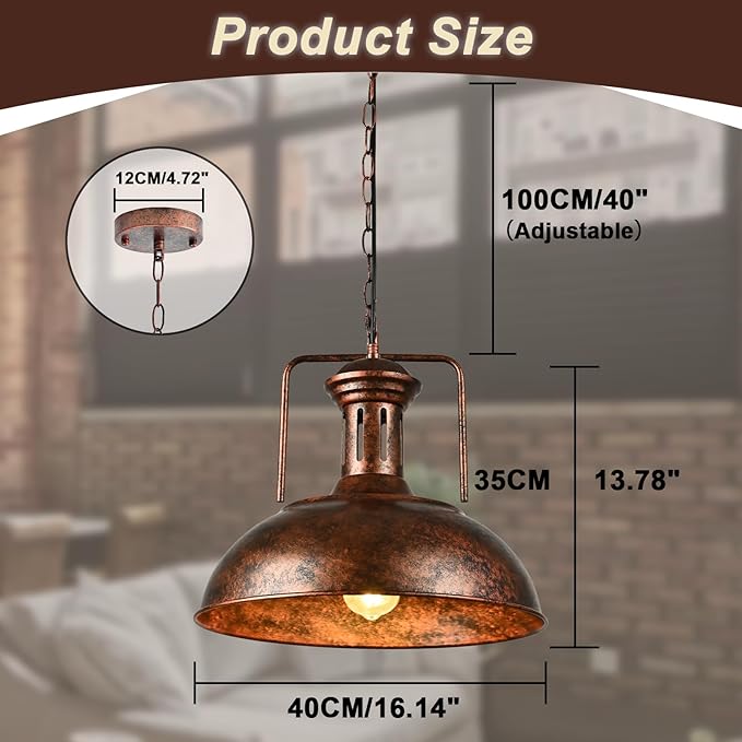 TAKEGO 16.14" Large Pendant Light, Dome Copper Pendant Light, Farmhouse Pendant Lights Kitchen Island, Vintage Pendant Lights Rustic Light Fixtures, Hanging Ceiling Lamp for Kitchen Island (Large)