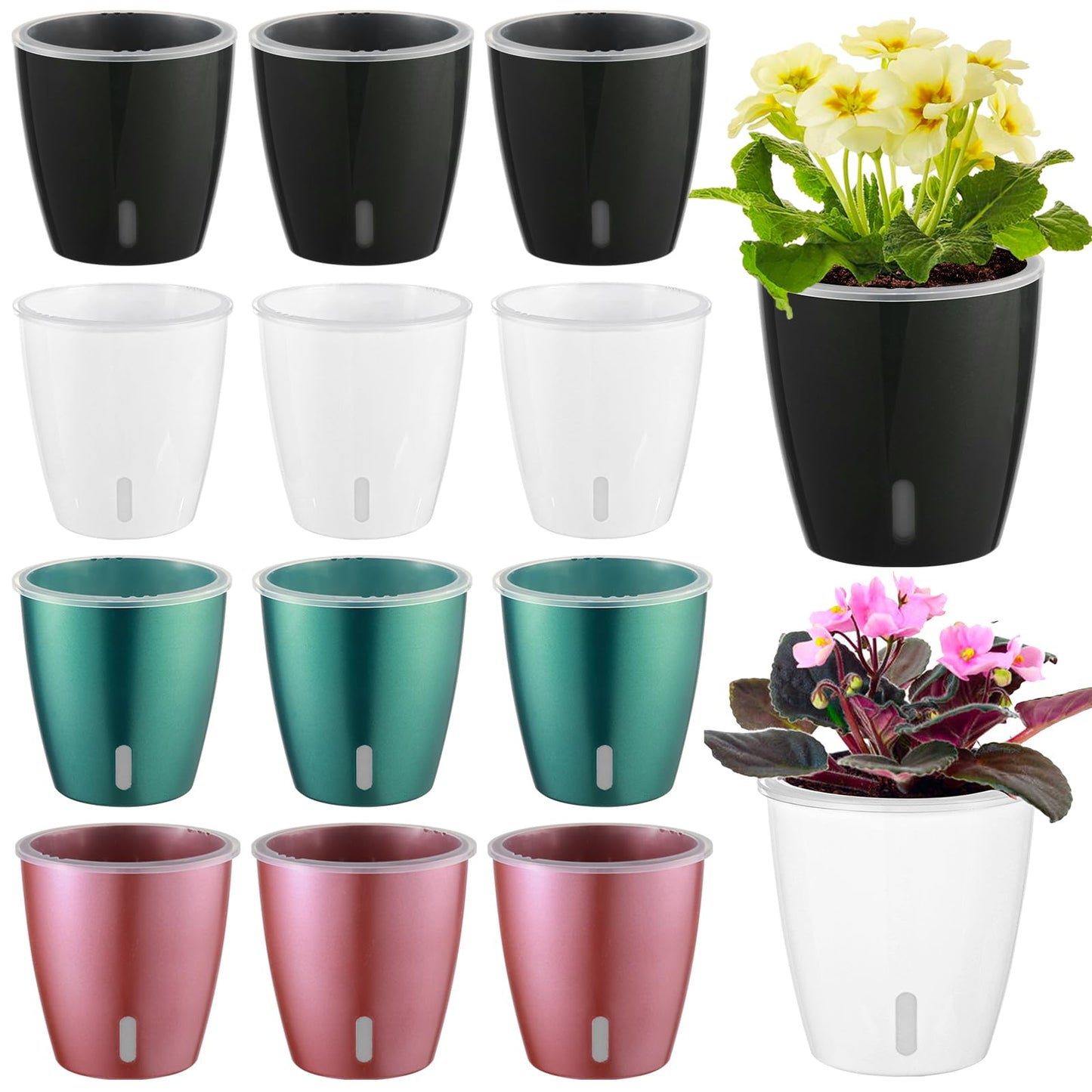 KvyusFlourish Self Watering Pots for Indoor Plants, 12-Pack 5'' Self Watering Planter with Drainage Holes, Small African Violet Pots with Water Indicator, Clear Wick Pot, White/Black/Blue/Rose Gold