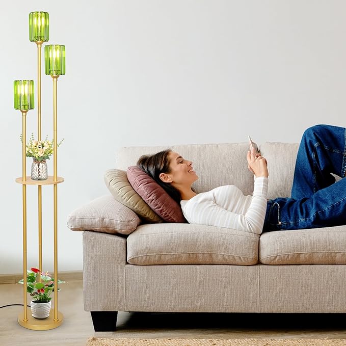 HMVPL Gold Floor Lamp for Living Room, Vintage Floor Lamp with Wood Shelf, Mid Century Standing Lamp with Table, Modern Tall Lamp with Green Crystal Shade, On/Off Switch, Boho Corner Lamp for Bedroom