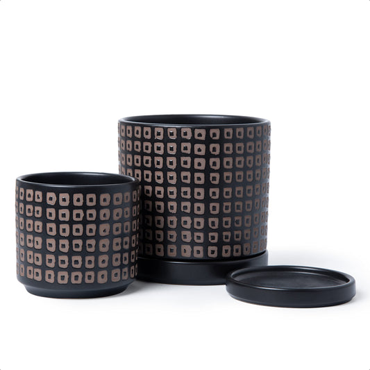 D'vine Dev Set of 2 Ceramic Planter Pots with Drainage Hole and Saucer, 4.5 Inch 6 Inch Plant Pots for Plants Indoor Houseplants, Black, 99-A-2