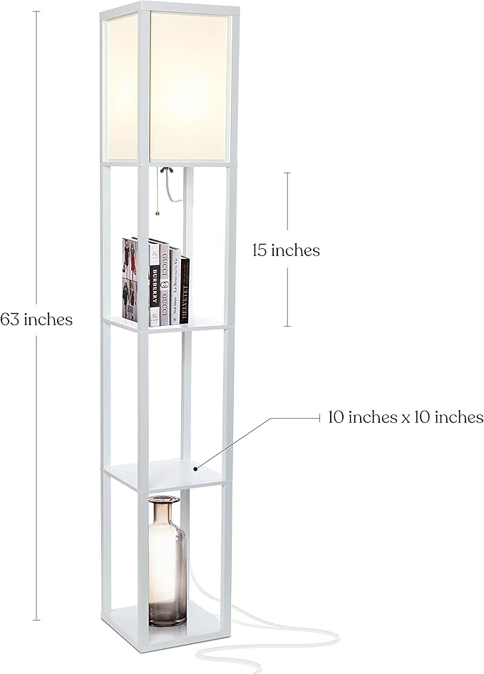 Brightech Maxwell - Modern Shelf Floor Lamp with Lamp Shade & Warm White LED Bulb, Corner Display Floor Lamp with Shelves for Living Room, Bedroom, Nightstand Office, Home Decor Storage - White