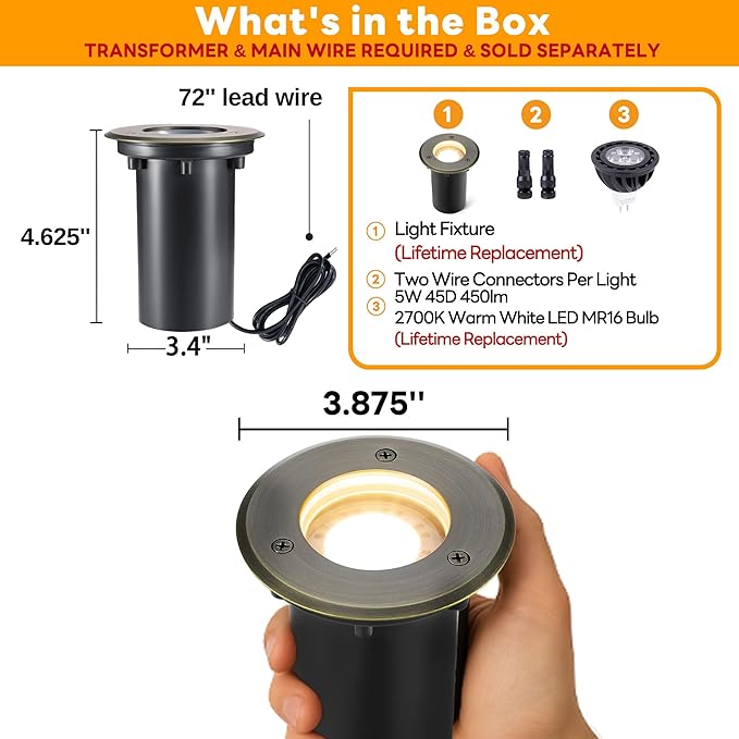Gardenreet Landscape Well Lights Outdoor - Brass Low Voltage Weatherproof In Ground Lighting, 12V LED Directional Fixture, Antique Bronze for Wall Floor Pathway with 2700K Warm White MR16 Bulb