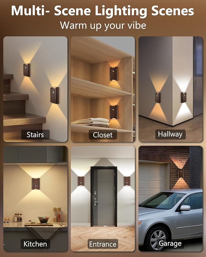 Rechargeable Motion Sensor Wall Sconce Set of 2 – 5000mAh Wireless Battery Operated Wall Light Indoor, 3 Colors Up/Down Lighting Magnetic Night Light with Remote Control for Bedroom, Hallway (Walnut)