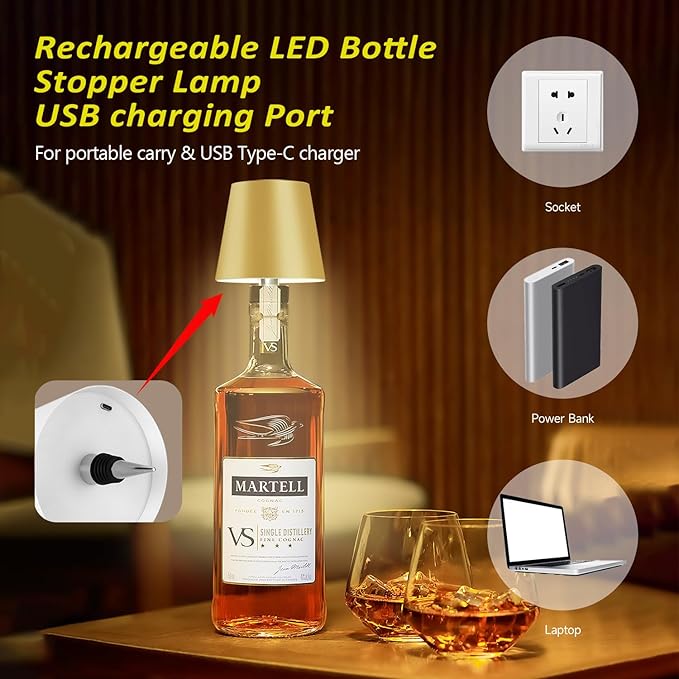 2025 New Wireless Bottle Lamp - LED Bottle Lights for Liquor & Wine Bottles, Cordless Lampshade, Whiskey Bottle Top Light,Golden Yellow Rechargeable 3-Tone Touch-Dimmable
