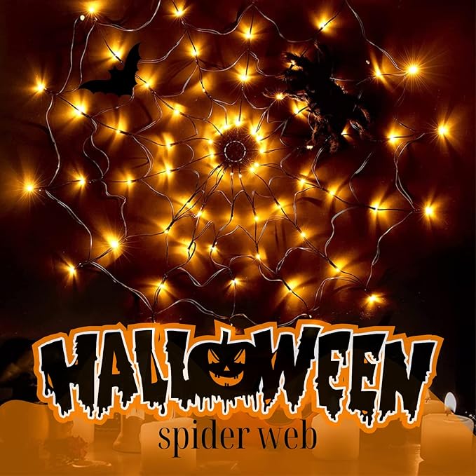Halloween Decorations Spider Web Lights - 4FT Diameter 70 LEDs with Black Spider, Waterproof Net Lights, Remote Control, 8 Modes Cobweb Halloween Decorations for House Garden Indoor Outdoor (Orange)