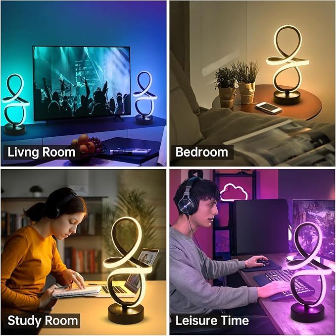 Modern RGB Table Lamps, Multicolor Changing Spiral Bedside Lamp with Remote&APP, Cool Table Lamp, Dimmable LED Nightstand Lamp with Music Rhythm Modes for Bedroom, Living Room, Black(2 Pack)