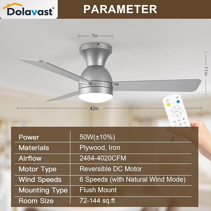 Ceiling Fans with Lights and Remote, 42 Inch Ceiling Fan with Light, Low Profile, Reversible, Dimmable LED, Flush Mount, Quiet, DC Motor, Nickel Ceiling Fan for Bedroom, Kitchen, Dining Room