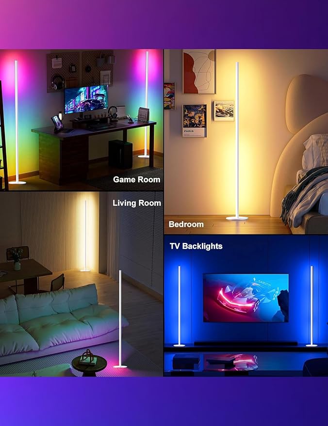 White Corner Floor Lamp 1 Pair, LED Corner Lamp with Remote Control, APP Control 16 Million Colors, Timing, Color Changing Ambient Lighting for Living Room, Bedroom, Gaming (Only One Adaptor)