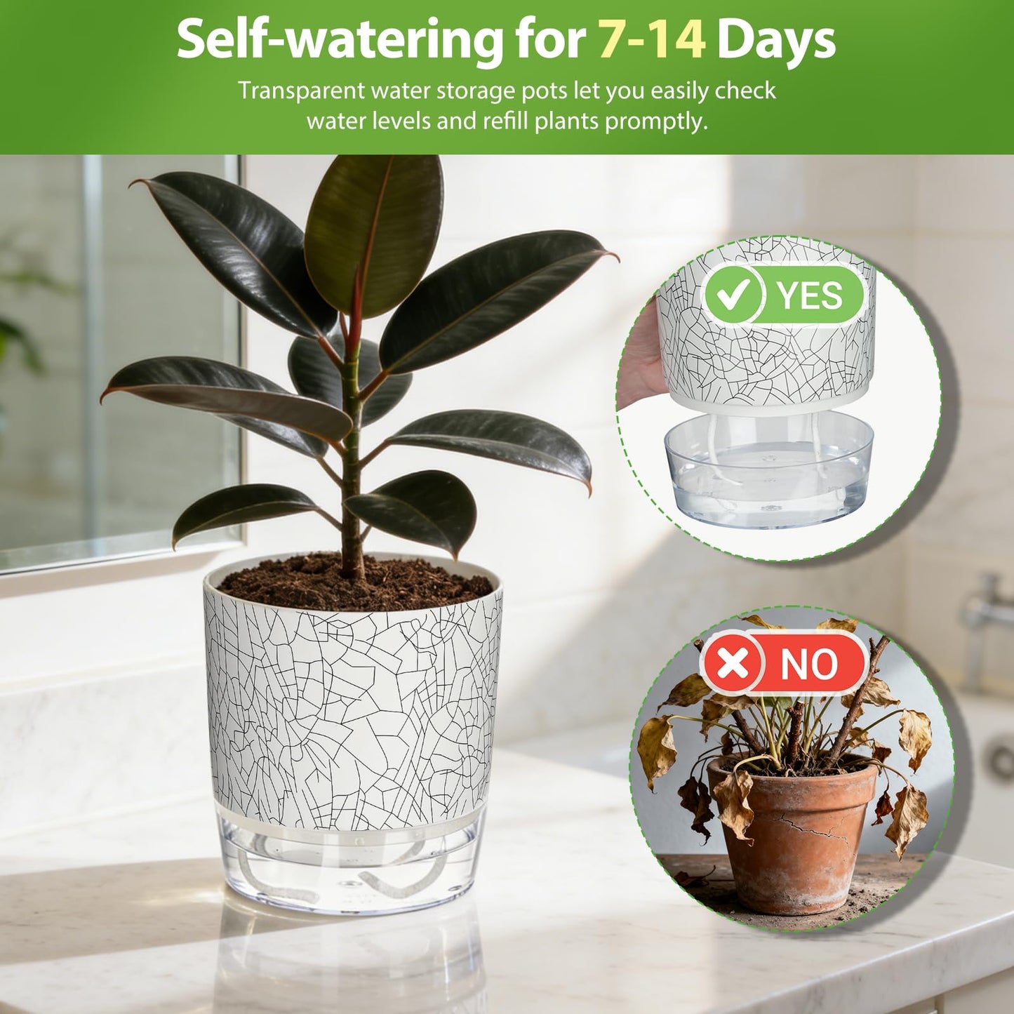 Samhe Self Watering Pots for Indoor Plants, 4/5.5 Inch Crackle Pattern Planters with Clear Water Reservoir & Wick System, 4 Pack Plastic Flower Pots for Succulents, Herbs, African Violets
