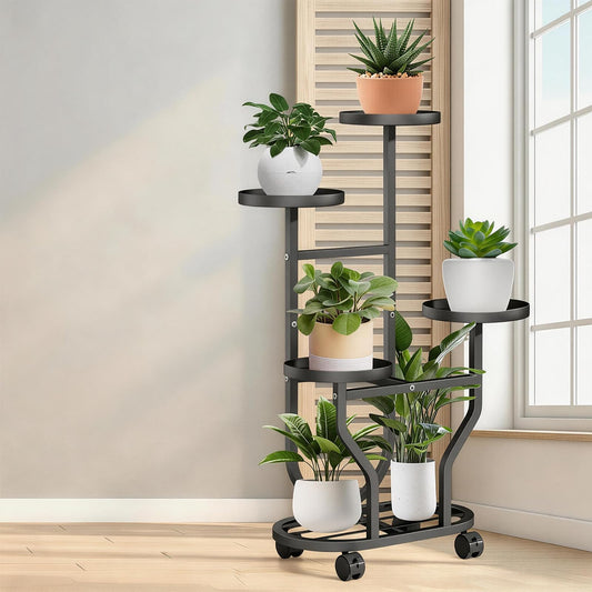 maebeacae 5 Tier Plant Stand, Metal Plant Shelf Indoor Outdoor,Tall Corner Multiple Plants Shelf for Garden Balcony Patio Living Room, Tiered Corner Rack Flower Stands with Wheels