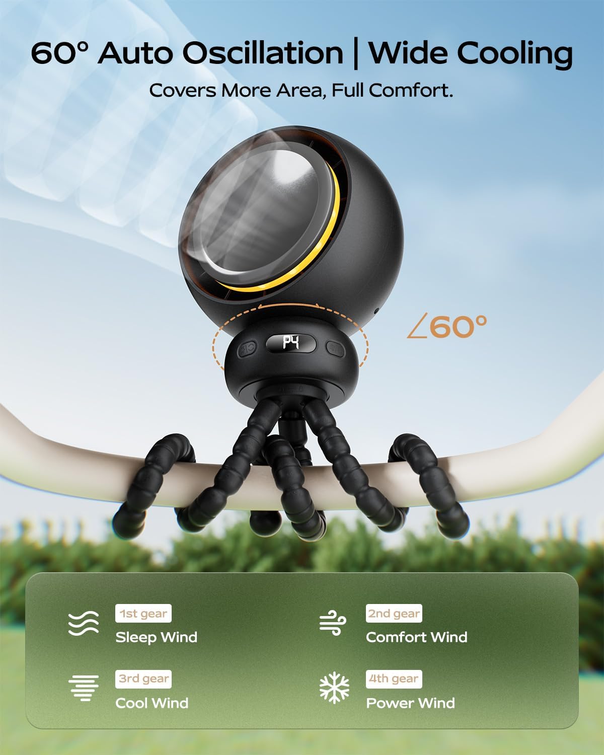 Mini Portable Stroller Fan - USB-C Rechargeable, 60° Auto Oscillation, 4 Speeds, Night Light & Flexible Tripod (Black)