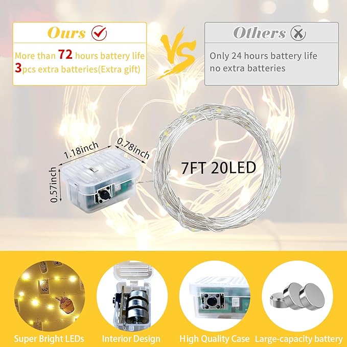 12 Pack Fairy Lights 7Ft 20 LED Twinkle String Lights 3 Modes Battery Operated Waterproof Firefly Starry for Mason Jar Party Easter Christmas Thanksgiving Day Table Centerpieces,Yellow