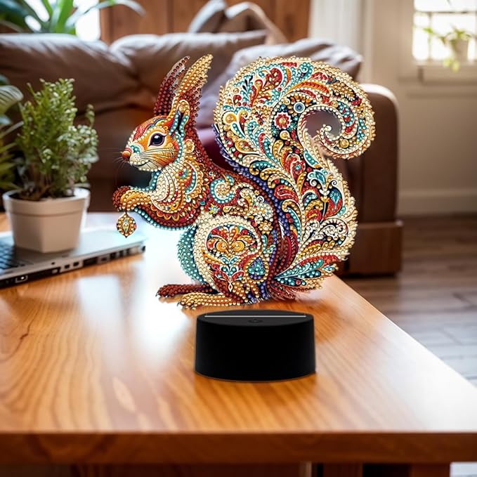 Gorgeous Squirrel Diamond Art Painting Night Light,Diamond Art Painting Kits Desktop Touch Lamp Ornaments for Tabletop Decor Diamond Art Accessories for Adult Beginner Bedrooms Living Room
