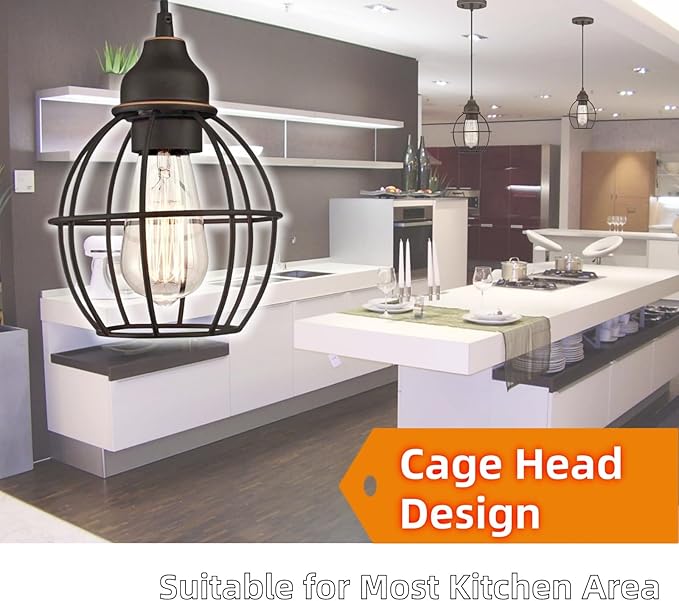 WISBEAM Oil Rubbed Bronze Kitchen Island Pendant Lighting Fixture, Cage Hanging Pendant Lights with E26 Medium Base Max. 60 Watts, Bulbs not Included, 2-Pack