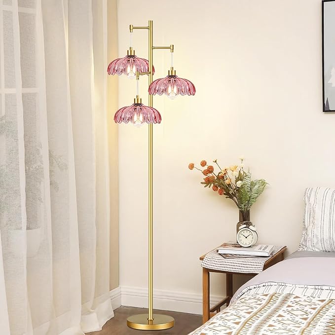 Vintage Floor Lamps for Living Room Bedroom-3 Light Glass Floor Lamp with Three Led Bulb, Tall Flower Floor Lamp Gold Mid Century Modern Standing Lamp Tree Floor Lamps for Living Room Bedroom Corner