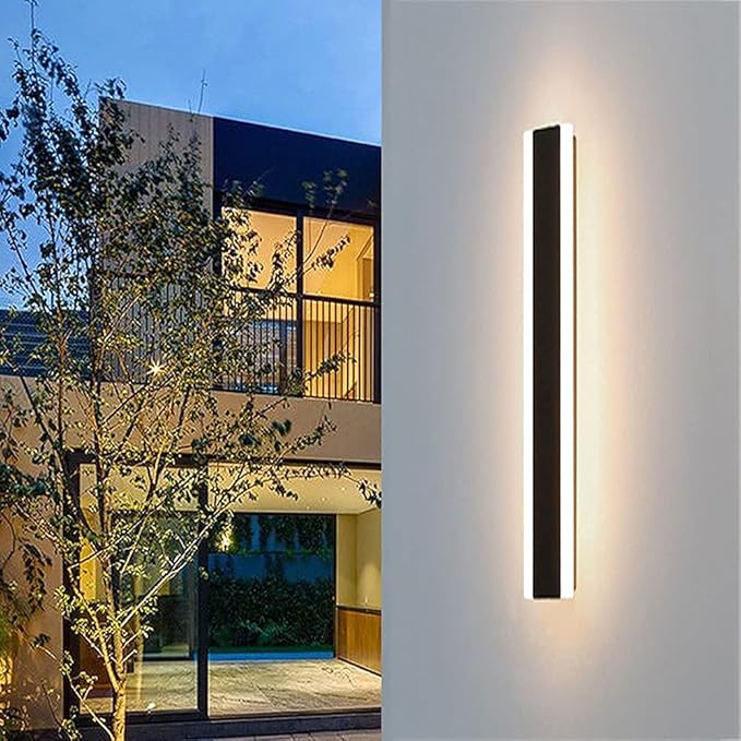 Outdoor Long Strip Modern LED Wall Lighting Fixture Lamps, Elegant Frosted White Acrylic, Black Aluminum Body IP65 Waterproof Anti Rust (Dimmable, 67inch)