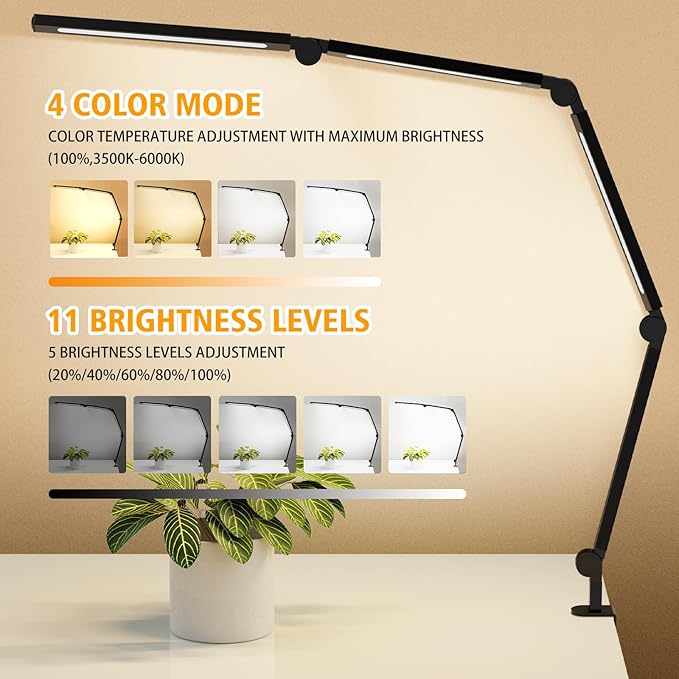 LED Desk Lamp with Clamp, Adjustable Swing Arm for Home Office, Dimmable Tempering Eye Care Table Light, Black Aluminum