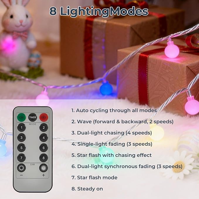 Easter String Lights Plug in, 37.4FT 100 LED Frosted Globe Lights with Remote, USB 8 Mode Decorative Lights for Bedroom, Classroom, Party, Spring Decor