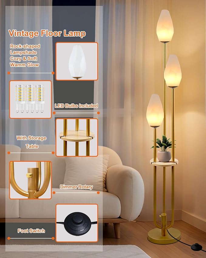 Lightdot Floor Lamp with Tray, 3-Lights Dimmable Floor Lamps with Rock-Shaped Shade, Unique Candle Holder Style Gold Modern Tall Lamp for Living Room/Party/Sofa Beside/Corner Decor(Bulbs Included)