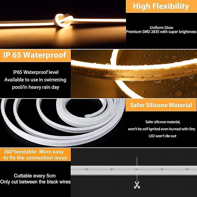 Lamomo LED Neon Lights, 32.8Ft Warm White Dimmable Led Rope Flex, 24V Waterproof LED Strip Lights, Silicone 3000K Neon Strip Lighting for Bedroom Indoor Home Decor