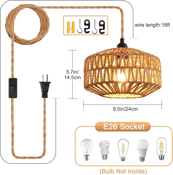 Industrial 15ft Pendant Light Cord -Plug in Hanging Light Fixture, 15FT Farmhouse Pendant Lamp Lights with Switch Cord for Kitchen Island Bedroom Living Room