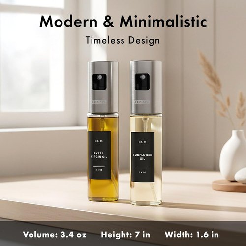 EDELHAUS Oil Sprayer Set - Stainless Steel & Glass Bottles for Healthy Cooking | 2 Pack with Silver Lids