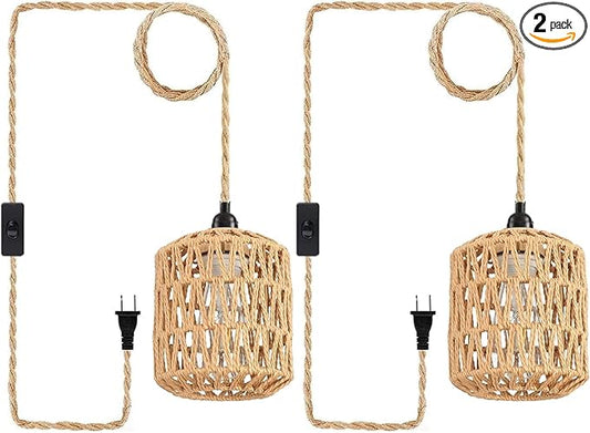 Plug in Pendant Light, Industrial Hanging Light with Plug in Cord Hemp Rope On/Off Switch Farmhouse, Vintage Pendant Light Fixture, Hanging Lamps for Dining Room