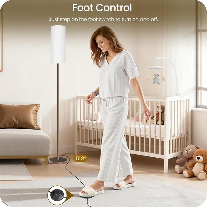 Dimmable Floor Lamps for Living Room with Remote and Foot Switch, 64.4” Modern Standing Tall Lamp, Corner Lamp for Bedroom, Bulb Included, 3000K-6500K, White and Brown VCW06LD05W1