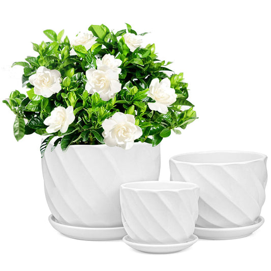 Foraineam Set of 3 Round Modern Ceramic Planter Pot Small to Large Sized Garden Flower Plant Pots White Succulent Cactus Containers with Drainage and Saucer