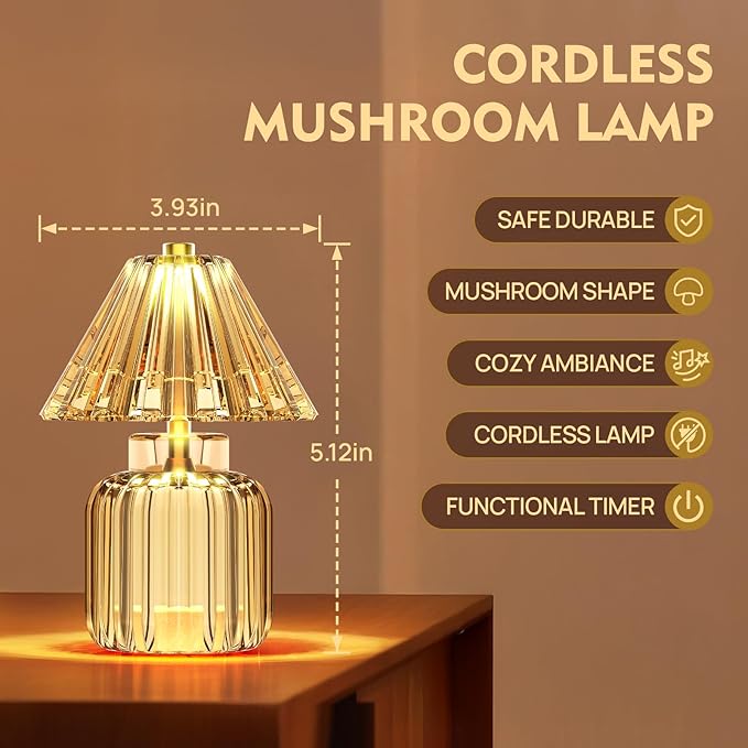 Small Battery Operated Lamp with Timer, Tiny Cordless Glass Table Lamp for Home Decor, Kitchen, Bathroom, Birthday Gift for Women, Jelly Amber