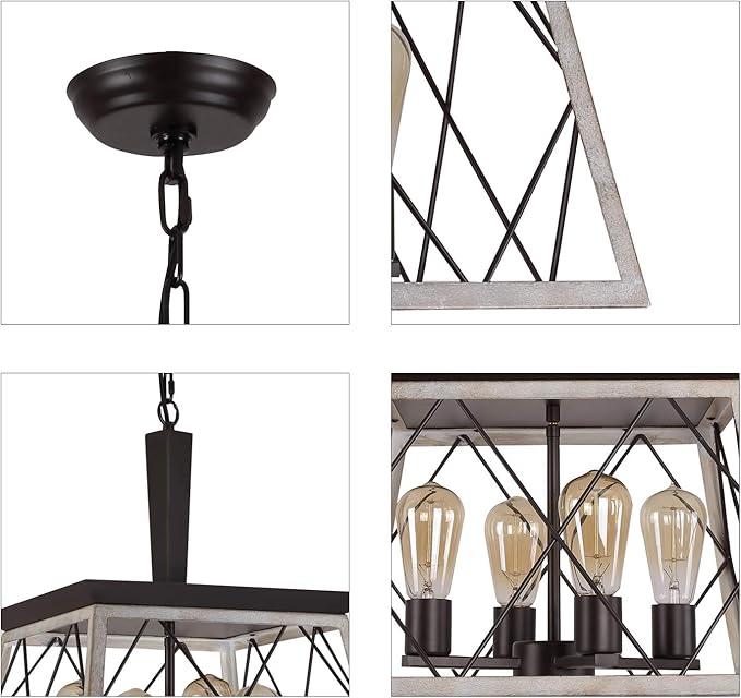 Q&S Farmhouse Vintage Chandelier, Rustic Pendant Light,Industrial Hanging Light Fixture for Dining Room Kitchen Island,Wrought Iron,ORB+Oak White 4 Lights E26 UL Listed