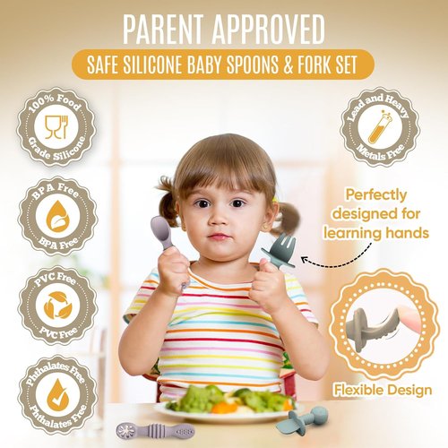 HippoBaby Silicone Baby Utensils Set - 4-Piece Self-Feeding Spoons & Fork for 6-12 Months - BPA Free, Dishwasher Safe (Light Pink/Army Green)