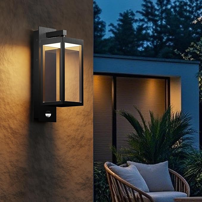 Outdoor Light Wall Sconce Motion Sensor Porch Light for House,15" LED Modern Exterior Lighting Fixture Black,Waterproof Outside Lantern with Clear Glass for Garage Patio Garden