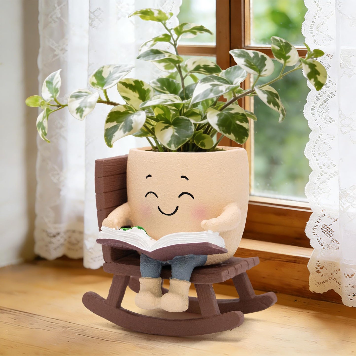Toparad Smily Face Rocking Chair Reading Book Planter Pots with Drainage Hole, Cute Resin Flower Head Succulent Planters for Indoor Plants, Gift IdeaI for Mother Birthday Christmas