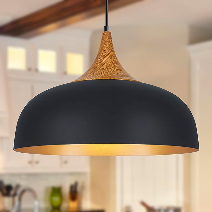 Black Farmhouse Dome Pendant Light 17.7" Large Vintage Pendant Light Fixture Hanging Wooden Pendant Lighting for Kitchen Island Dining Room Living Room Foyer Hallway