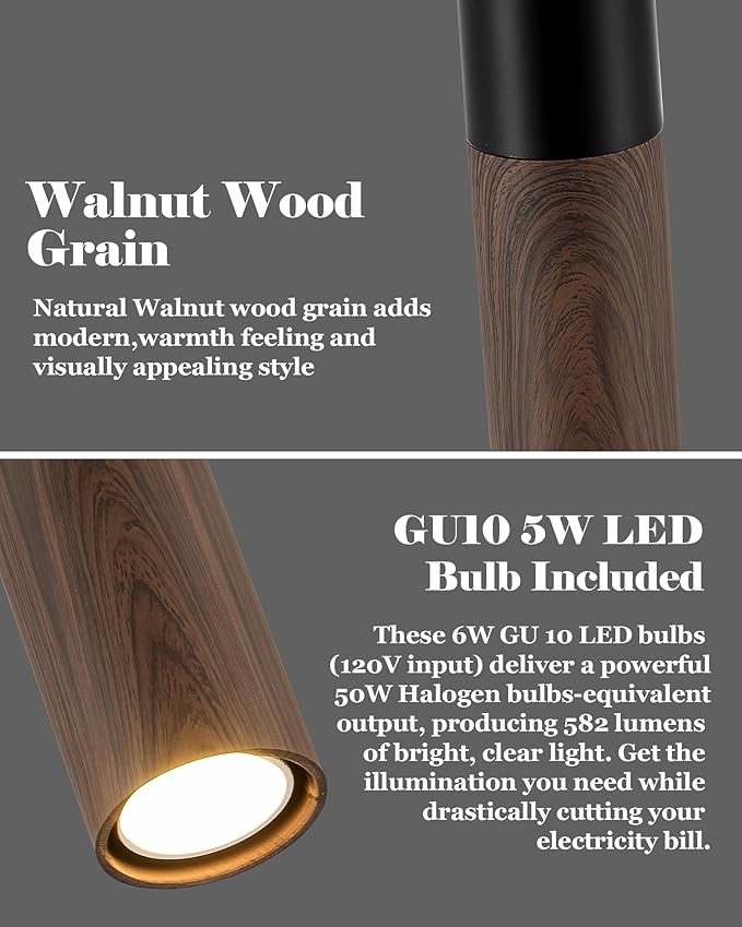 ELYONA Modern Pendant Light Fixtures, Walnut Wood Grain & Matte Black Metal, Industrial Cylinder Hanging Pendant Light for Kitchen Island Dining Room Bedroom Living Room, GU10 LED Bulb Included