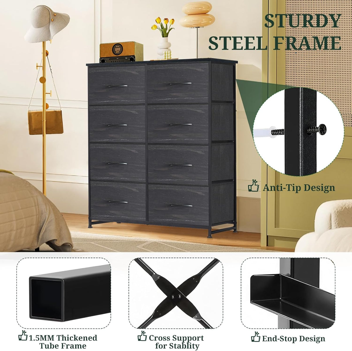 Regine Switzerland 8-Drawer Dresser - Anti-Tip Tall Storage Organizer with Wooden Top & Metal Frame | Charcoal Black