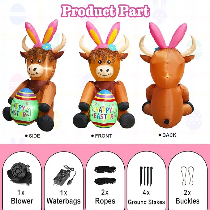5FT Tall Easter Inflatable Highland Cow with Easter Egg Outdoor Decoration, Blow Up Highland Cow Inflatables Built-in 2 LEDs for Easter Day Outdoor Indoor Yard Garden Lawn Decor
