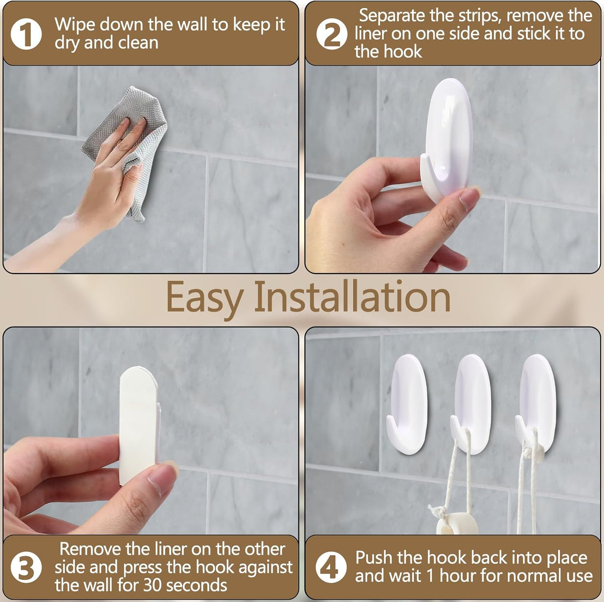 Medium Utility Hooks - 6 Pack, Damage-Free Self-Adhesive Heavy-Duty Hooks for Easy Wall Hanging