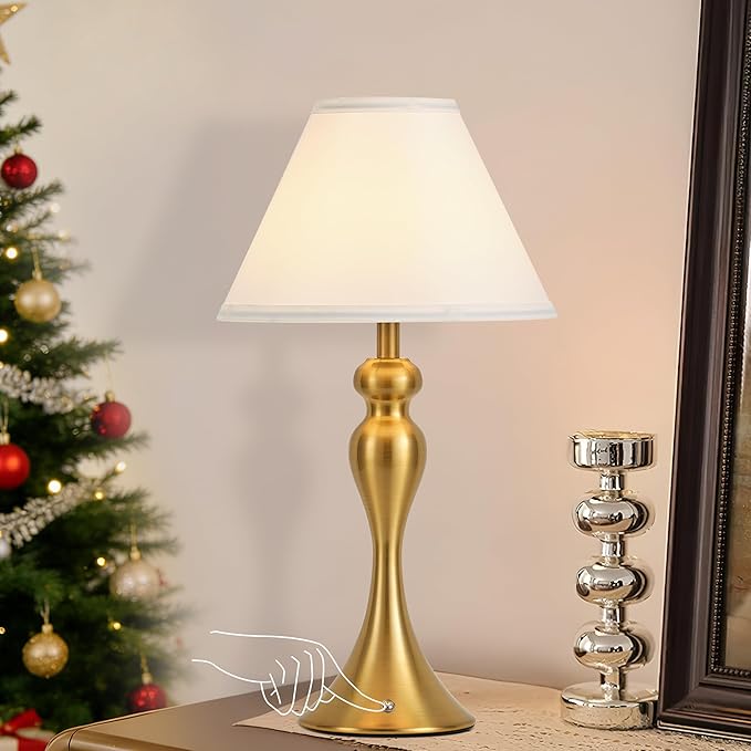 Rechargeable Cordless Table Lamps, Battery Operated Lamp with Fabric Shade for Decor, 3 Color Stepless Dimming LED Table Light, Nightstand Lamp for Nursery, Bedroom, Living Room, Home Office (Brass)