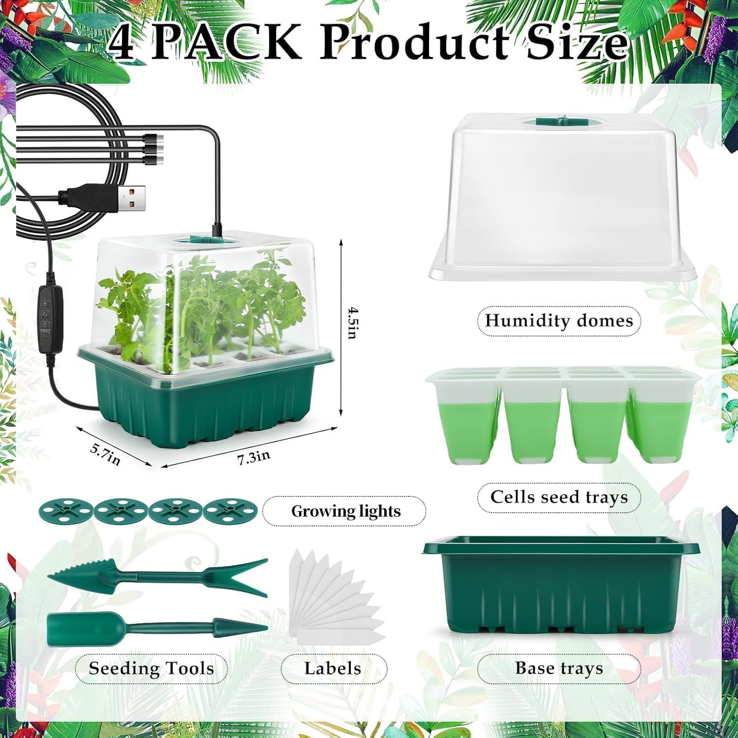 Seed Starter Tray with Grow Light, 72 Cells Indoor Seed Starter Kit, Flexible Silicone Seedling Starter Trays, Germination Tray Kit with Humidity Dome & Lids(4in Height), Reusable & Dishwasher Safe