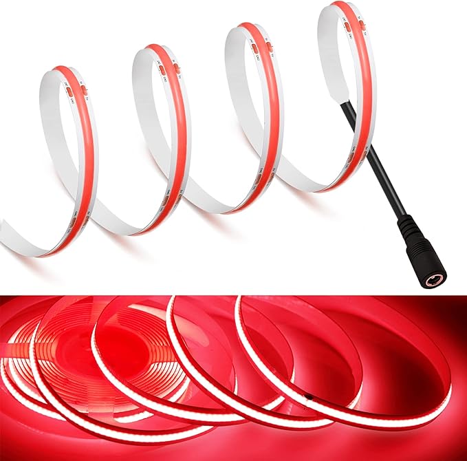 MDee】COB LED Strip Lights Red 4.92ft/1.5m DC Powered DC12V Flexible LED Tape Lights with DC Connector CRI 90+ 800LM/m 320LEDs/m for Indoor and Outdoor Décor（Red,4.92ft/1.5m）